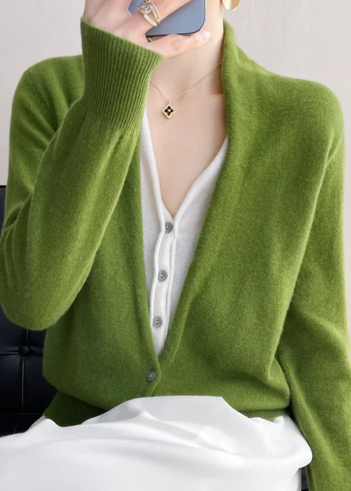 Women Green V Neck Button Patchwork Wool Knit Top Fall - Image 2