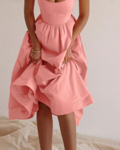 Solid V-neck Pleated Waist Dress