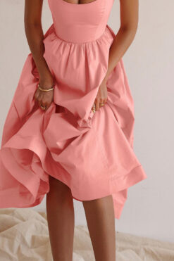 Solid V-neck Pleated Waist Dress
