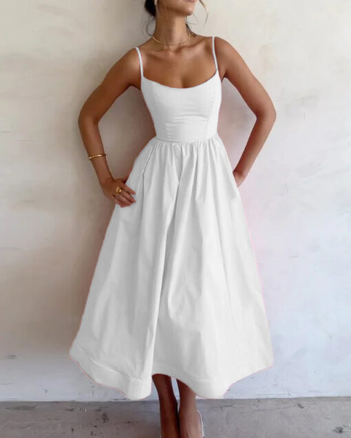 Solid V-neck Pleated Waist Dress - Image 3