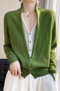 Women Green V Neck Button Patchwork Wool Knit Top Fall