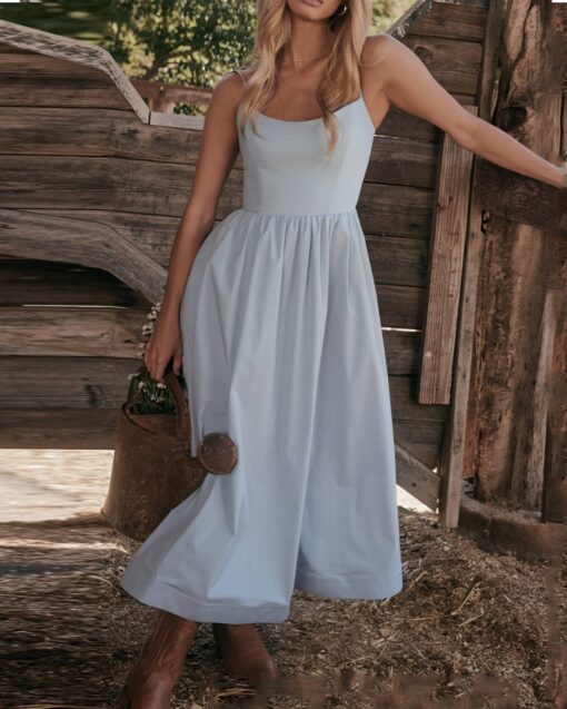 Solid V-neck Pleated Waist Dress - Image 4