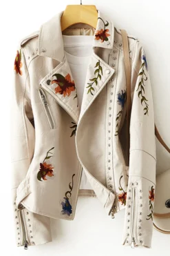 Retro Floral Print Embroidery Faux Soft Leather Jacket