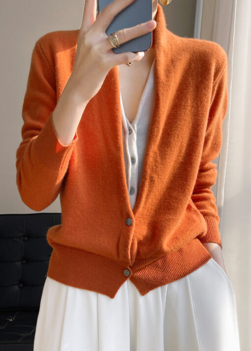 Women Green V Neck Button Patchwork Wool Knit Top Fall - Image 5