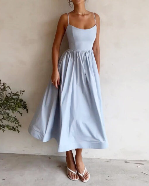 Solid V-neck Pleated Waist Dress - Image 5