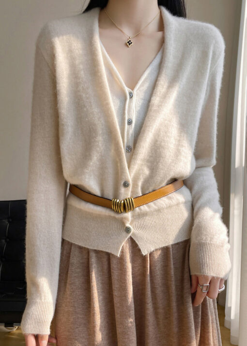 Women Green V Neck Button Patchwork Wool Knit Top Fall - Image 6