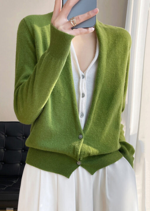 Women Green V Neck Button Patchwork Wool Knit Top Fall - Image 7